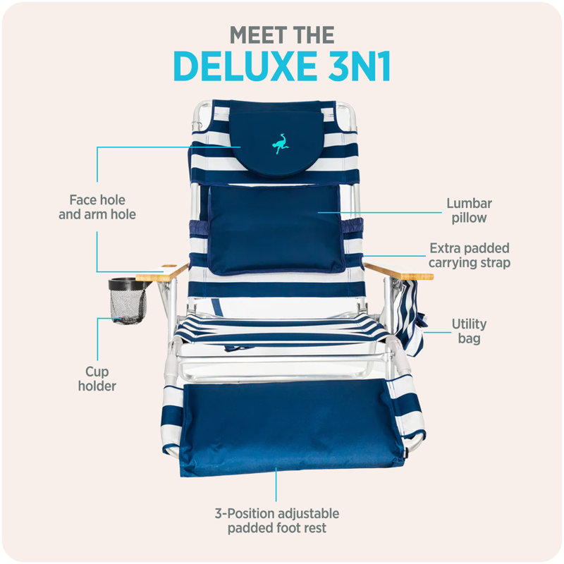  Deluxe 3N1 Lightweight Outdoor Beach Lounge Chair & Custom Fitted Towel, Blue/White Striped