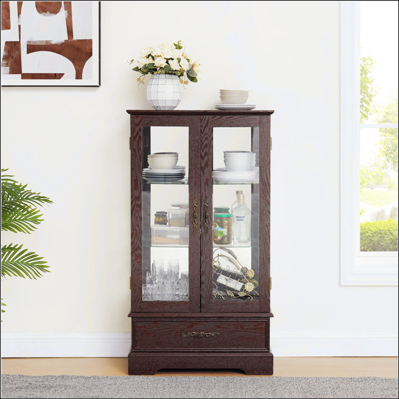Vitrine lumineuse en verre avec tablettes réglables - Présentoir élégant à 2 portes et tiroir intégré, Cerisier