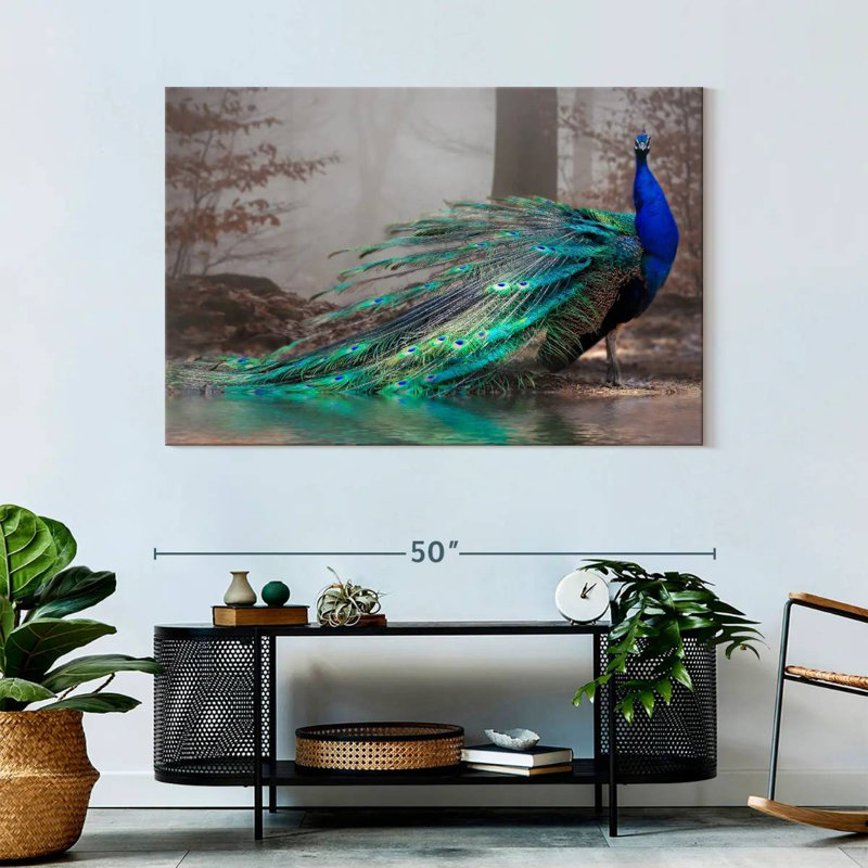 Élégant paon bleu sur toile, H 32 po x l 48 po