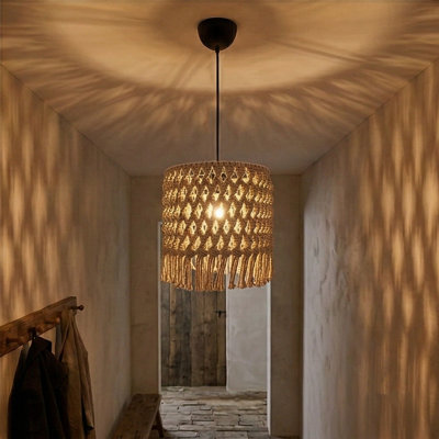 Macrame Drum Chandelier – 1-Light Adjustable Boho Chandelier For Bedroom And Entryway
