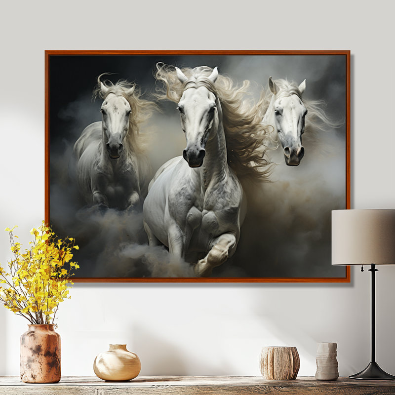 «White Beige Horse Equine Harmony», reproduction d'art sur toile encadrée, H 16 po x l 32 po x P 1 po, Cadre flottant brun