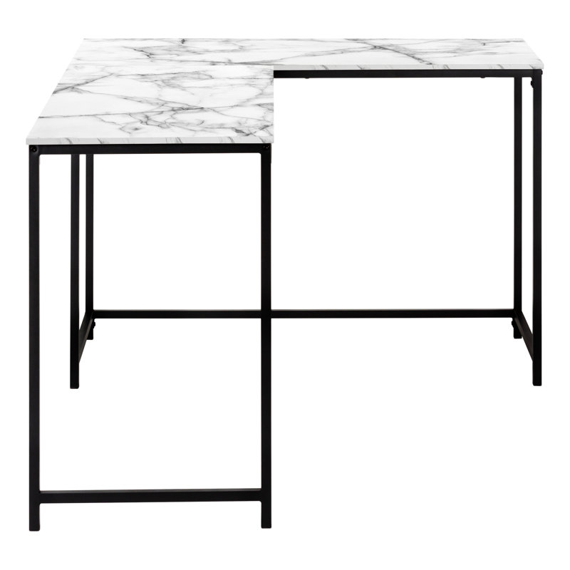 Bureau d'ordinateur, bureau personnel, coin, forme de L, bureau, ordinateur portable, stratifié aspect marbre blanc, métal noir