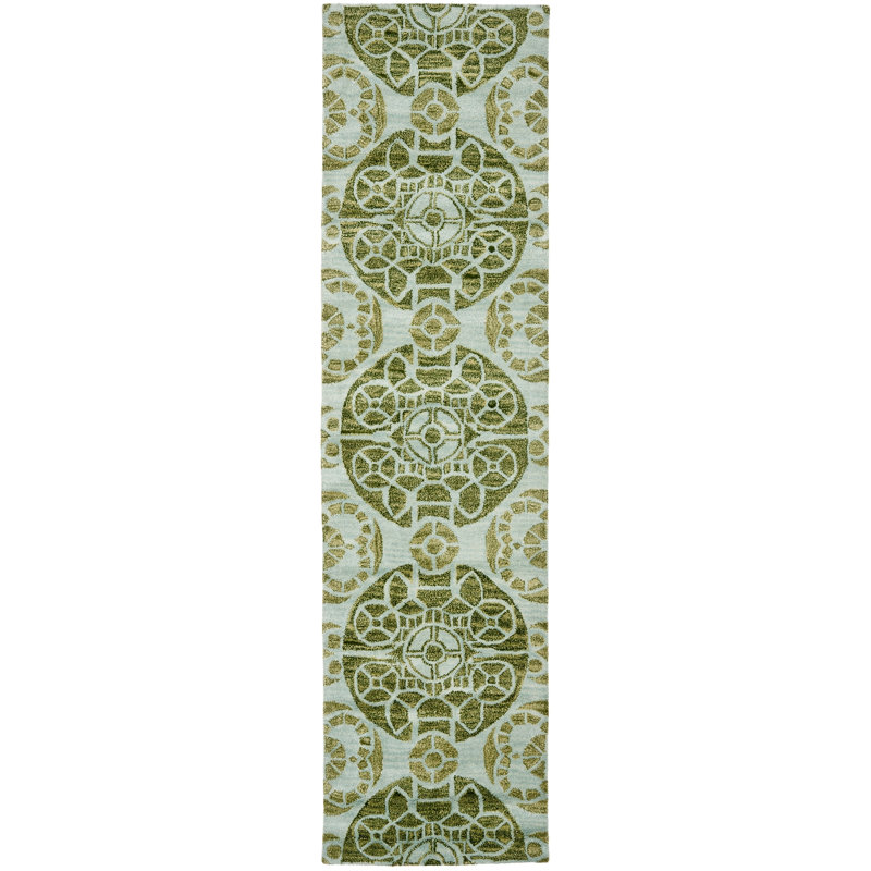 Eaton Wyndham Hand Tufted Wool/Viscose Geometric Rug in Turquoise / Green, Runner 2'3" x 9'