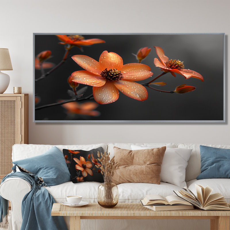 Fleur d'été cornouiller monochrome orange noir II - cornouiller, Toile argentée avec cadre flottant