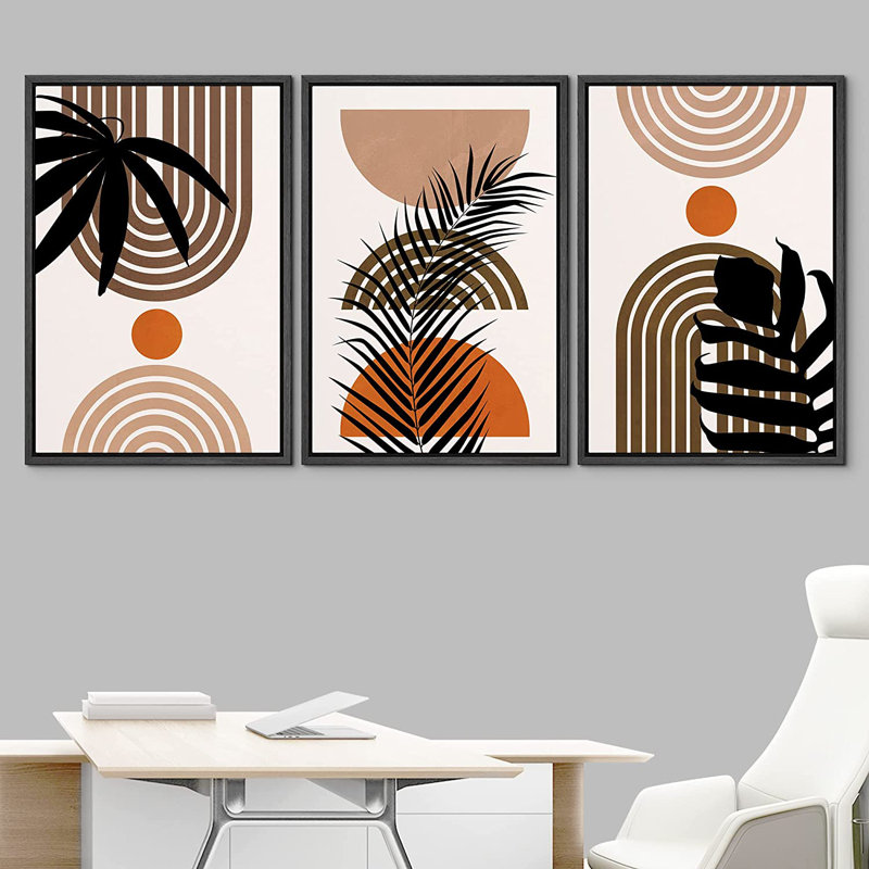 «Mid Century Modern Boho Geometric Palm Leaf Silhouette Polygons Abstract», ensemble de 3 impressions sur toile flottante