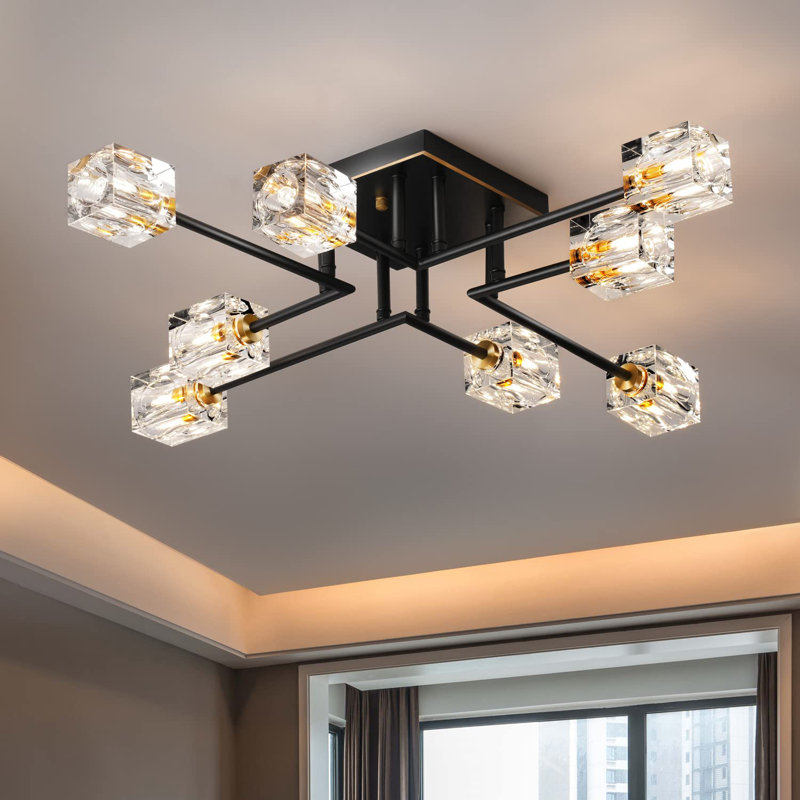 8-Lights Semi Flush Mount Ceiling Light Fixture,Black And Gold Modern Crystal Chandeliers,Farmhouse Lighting Fixtures