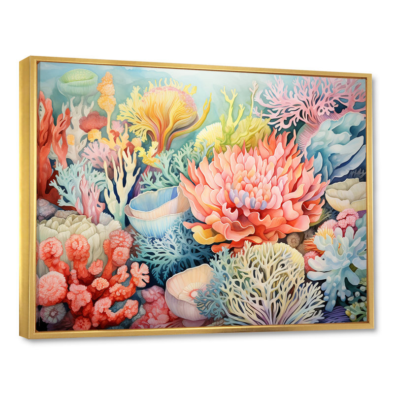 «The Colorful Coral Reef Happiness I» - art mural corail sous l'eau, 30" H x 40" W, Cadre flottant doré