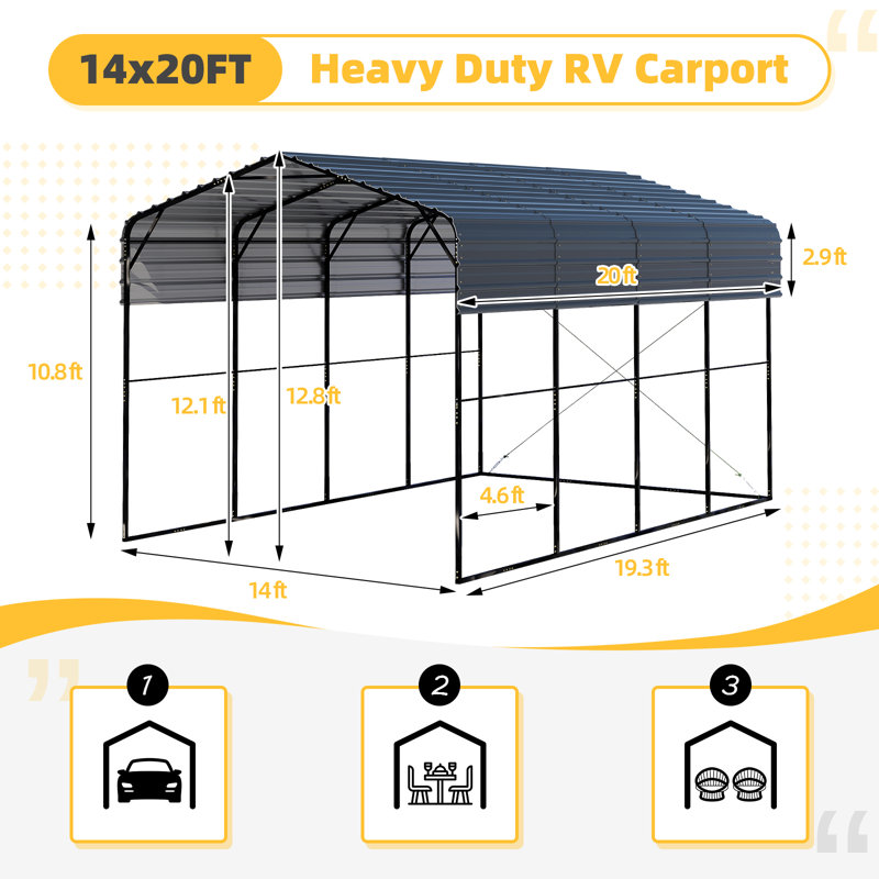 14x20 Ft Heavy Duty Metal Carport, Reinforced Steel Frame & Galvanized Roof, All-weather Outdoor Vehicle Shelter For Rv, Truck, Boat, Suv, Tractor