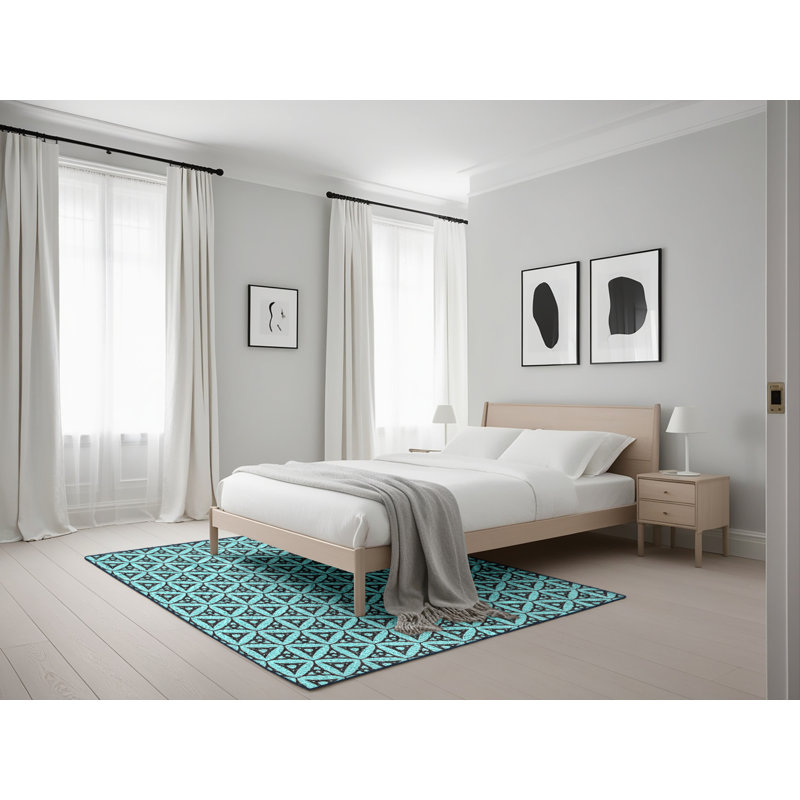 Tapis bleu ciel/noir à motifs, Rectangle 5 pi x 7 pi