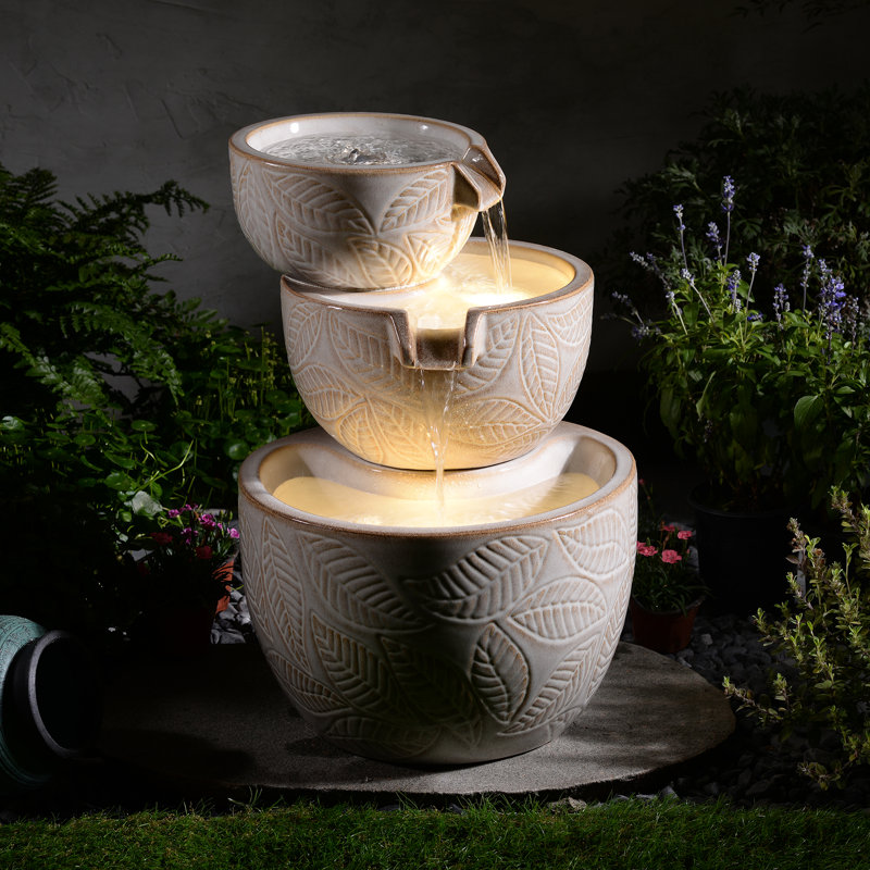 Ivory Ceramic 3-Tier Leaf Bowl Fountain, Decorative Water Fountain with LED Lights and Quiet Pump, Indoor Outdoor Water Feature for Patio, Garden, Deck, Balcony, Office and Home Décor, Relaxing Cascading Water Design