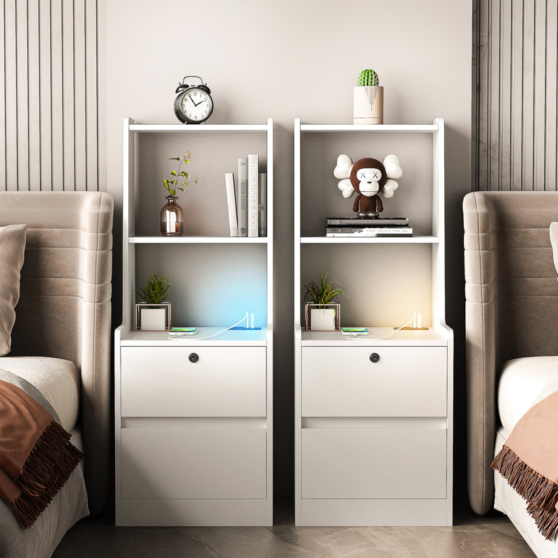 Tables de chevet modernes blanches avec station de charge, 7 couleurs et bibliothèque pour l'organisation des armoires de rangement décoratives