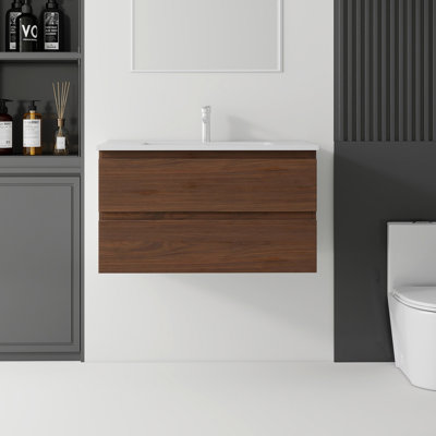 Meuble-lavabo flottant avec lavabo, porte à fermeture en douceur, lavabo en céramique, contreplaqué