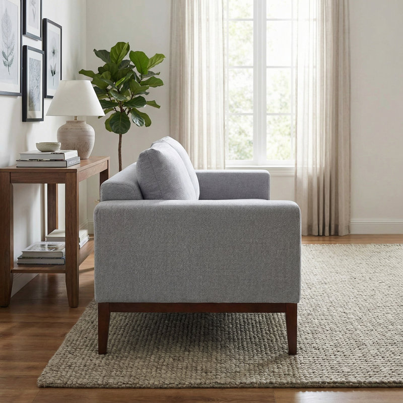 Roma Loveseat in Soft Grey Fabric with Wood Legs, 64", 33.5" H x 64" W x 36" D
