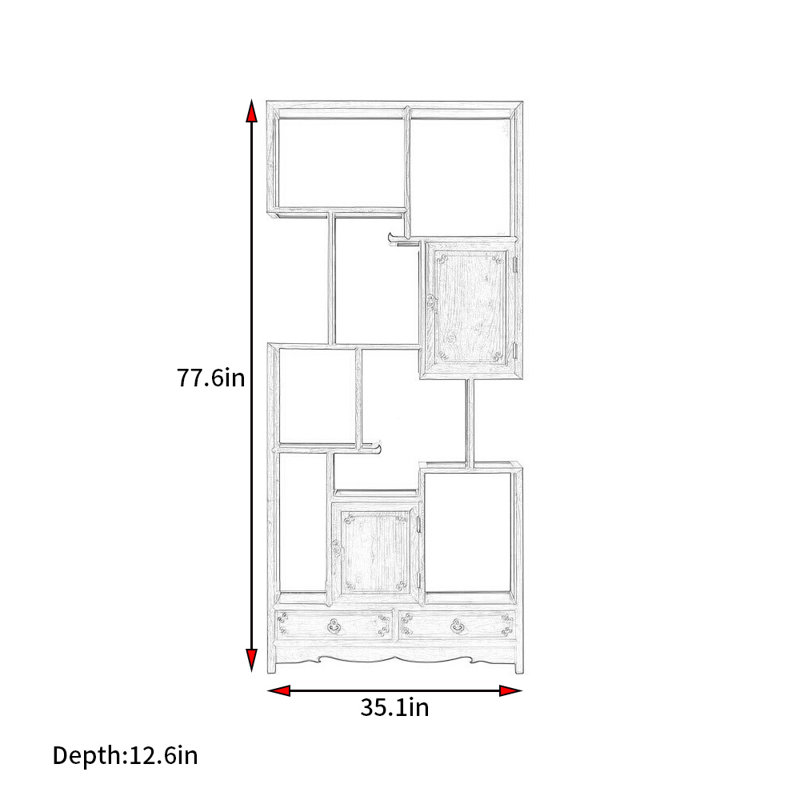Bibliothèque de style classique chinois, (7 tablettes) H 77,6 po x l 35,1 po x P 12,6 po