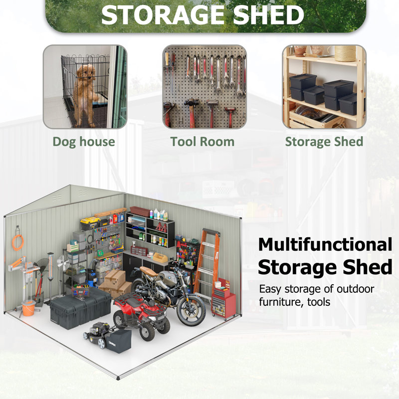 Outdoor Metal Storage Shed with Updated Frame Structure and Lockable Doors, 80.3" H x 119.3" W x 119.3" D
