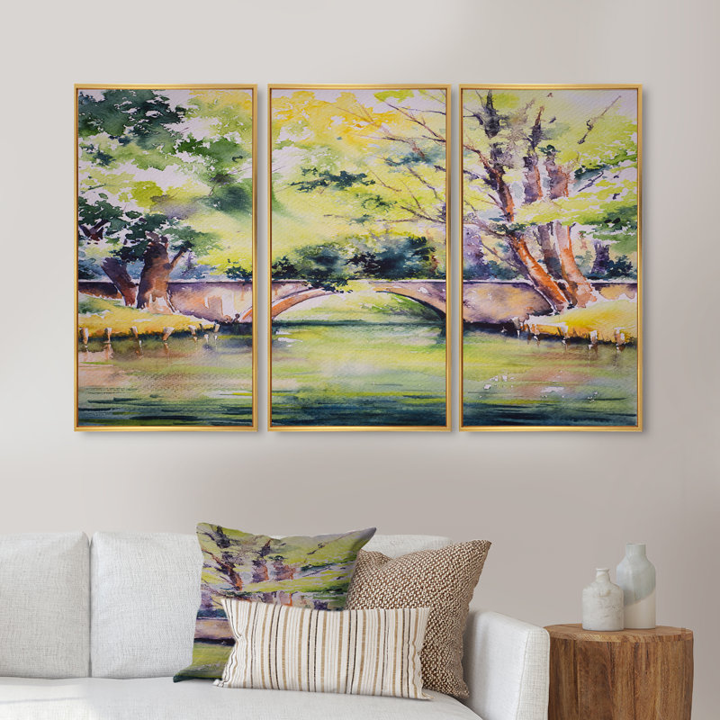 «Bridge Over River In Green Park», ensemble d'art mural sur toile encadré traditionnel de 3, Or, H 20 po x l 36 po x P 1 po