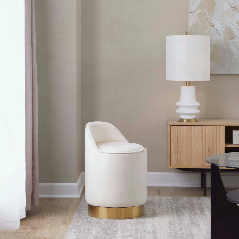 Tabouret de coiffeuse avec pivot - velours crème - base en métal doré - couvercle de rangement amovible