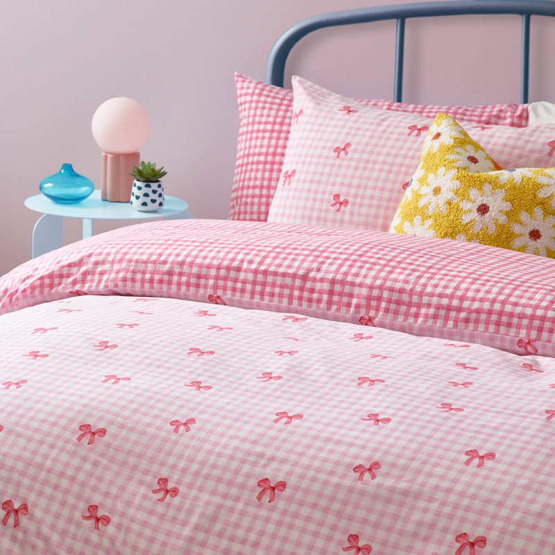 Gingham Bows Polyester Gingham Duvet Cover Set with Pillowcases, Double Duvet Cover Set + 2 Pillowcases