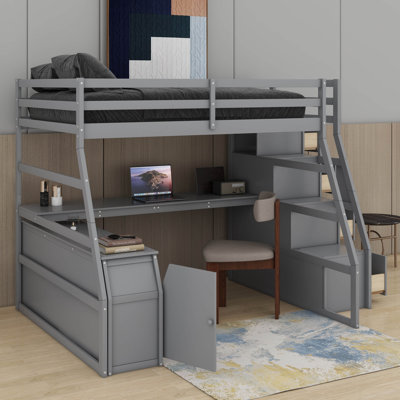 Lit mezzanine double avec tiroirs, tablettes et bureau