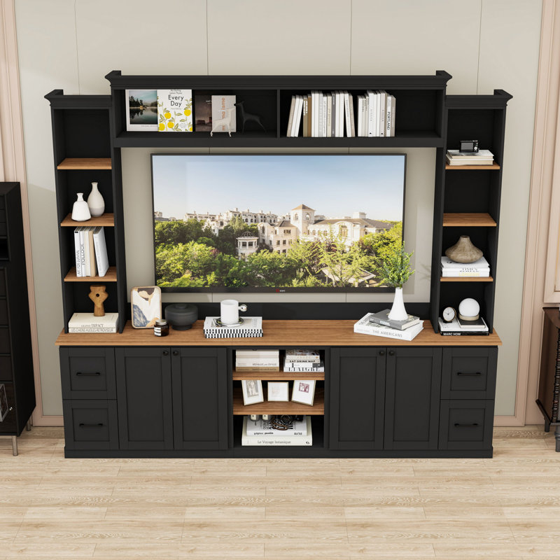 Meuble audio-vidéo avec 4 tiroirs, 2 armoires, tablettes réglables et système de gestion des câbles, Noir