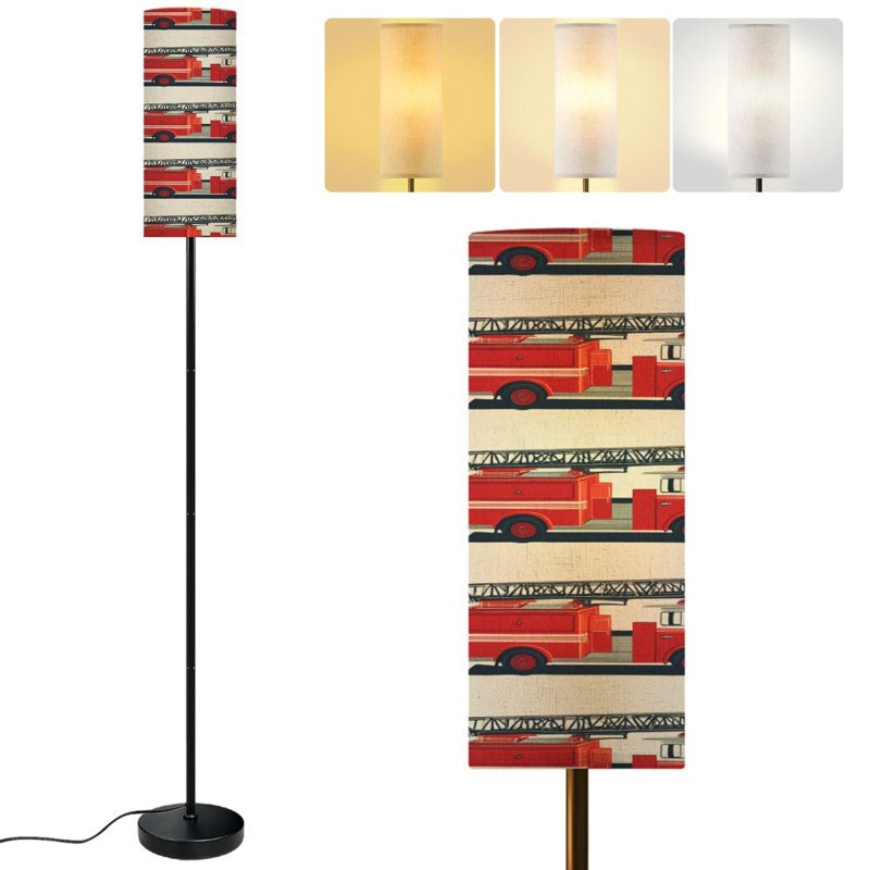  68.5" Standing Floor Lamp Hand drawn fire trucks seamless white Dimmable Metal Pole Lamp with Linen Lampshade LED Bulb Included