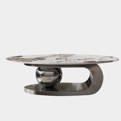 Table basse 51 pouces ovale en faux marbre pour salon avec base en acier inoxydable