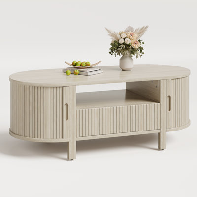 47.2'' Oval Coffee Table With Storage, Fluted Accent Center Table With Draw And Sliding Tambour Doors