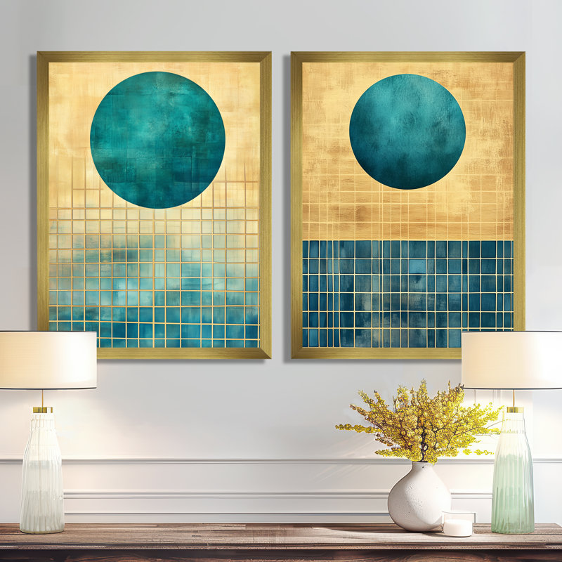 Art mural moderne Mid-Century, soleil bleu sarcelle sur toiles dorées, toile soleil bleu sarcelle, Cadre doré simple