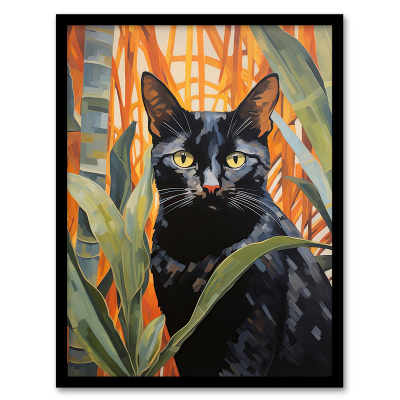 Botanical Black Cat Lovers Portrait - Single Picture Frame Print