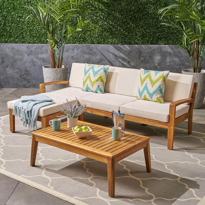 Canapé modulaire en forme de L pour un patio extérieur agréable avec panneau de lattes et coussins confortables