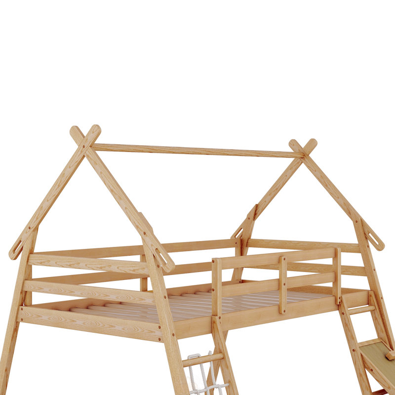 Lit superposé simple au-dessus de grand lit avec filets d'escalade et rampe d'escalade