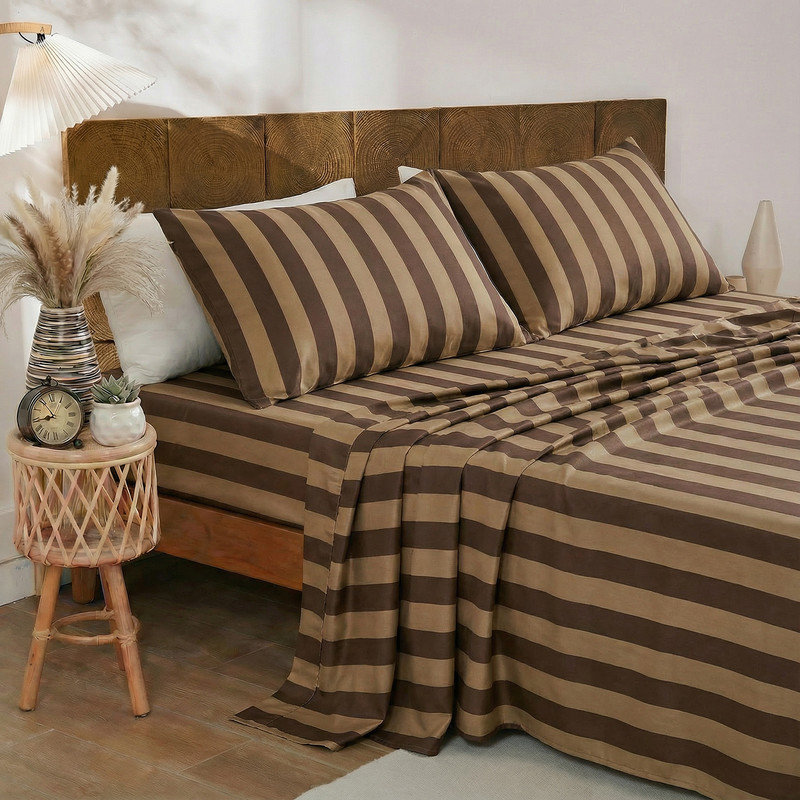 Ensemble de draps 100% coton grand lit - Literie à rayures brunes et kaki, tissage percale doux et respirant, drap à poche profonde à rayures larges 17,5 po, aspect lin luxueux, literie 4 pièces toutes saisons