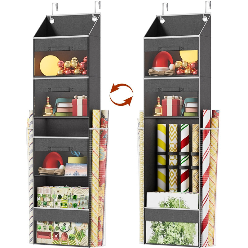 Rangement à suspendre au-dessus de la porte avec 3 tiroirs amovibles et poches latérales - Conception à double usage avec sangles élastiques - Rangement de papier cadeau pour rubans, boucles, ornements et autres outils