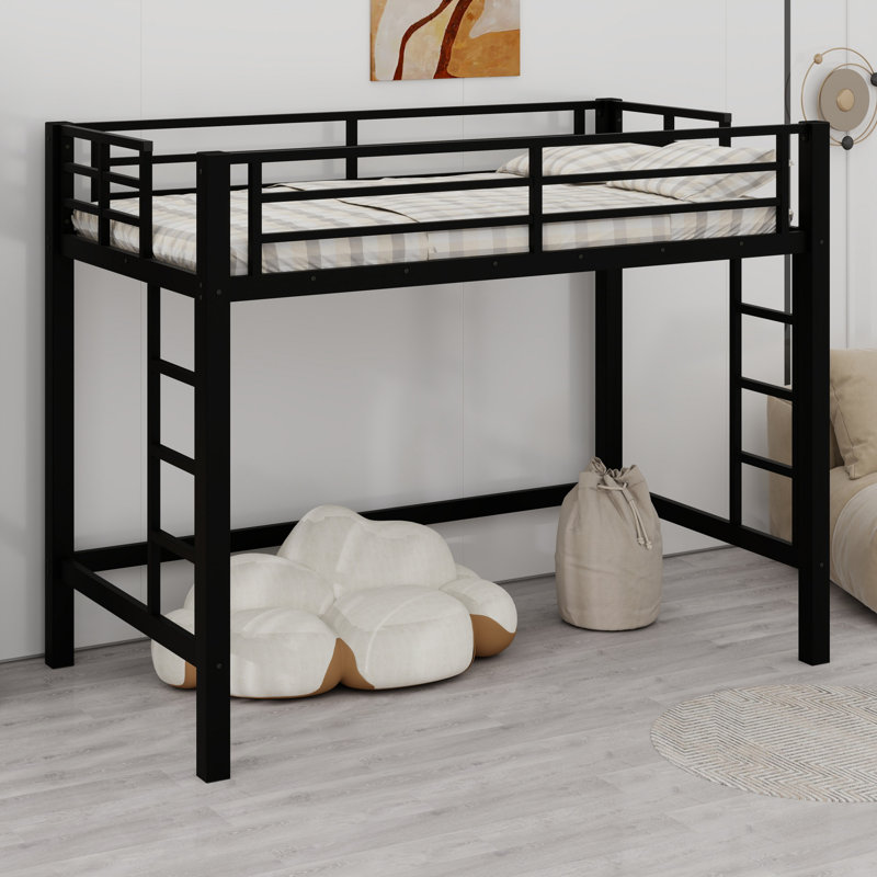Metal Loft Bed With Ladder And Guardrails, Twin