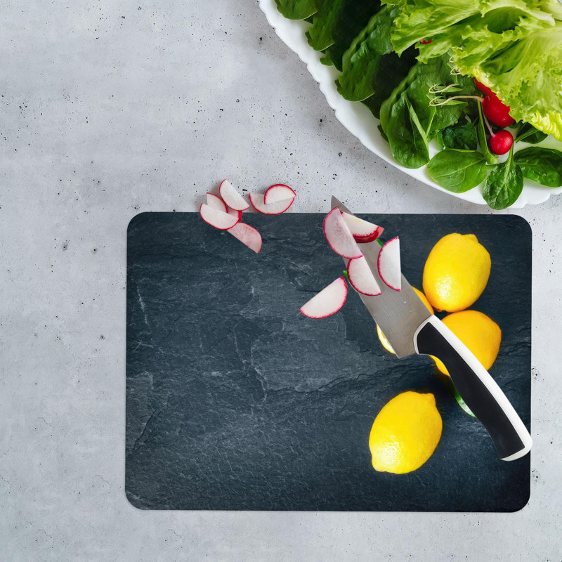 Planche à découper moderne en verre jaune avec un motif de citron brillant, idéal pour servir, 7,9 po x 11,8 po