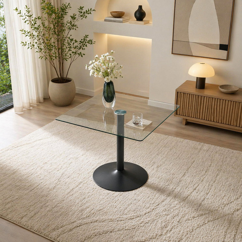 Table de salle à manger 38,5 pouces moderne minimaliste carrée en verre avec base en métal à colonne unique. Disponible en noir, or ou argent. Table de salle à manger à domicile. Convient pour 2 à 4 personnes. (Table seulement)