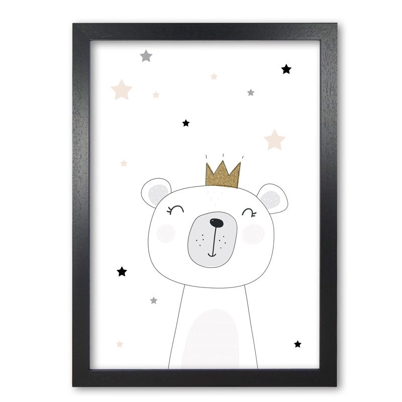 Scandi Cute Bear With Crown And Stars - Painting, 60 cm H x 42 cm W x 5 cm D, Black Grain Frame