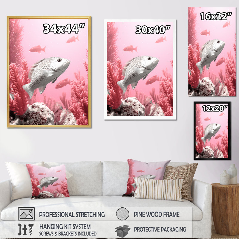 Rampe de poissons monochrome rose et blanche, Cadre simple argenté, H 40 po x l 30 po x P 1,5 po