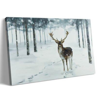 Art mural sur toile grand cerf d'hiver, affiche de peinture cerf forêt enneigée, impression d'art mural de Noël, impressions sur toile de scène d'hiver pour la maison salon chambre à coucher, prêt à accrocher, 32 x 48 pouces
