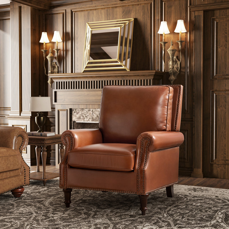 Wajeeh 33"W Mid-Century Modern Buttery Genuine Leather Accent Chair With Solid Wood Legs, Saddle Genuine Leather