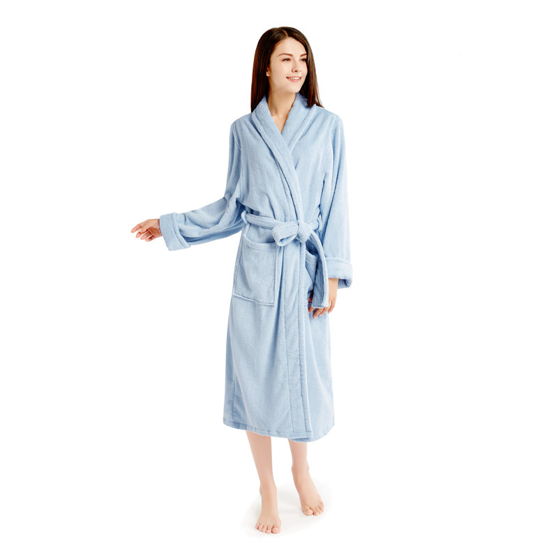 Peignoir mi-mollet en coton avec poches, P / M, Bleu