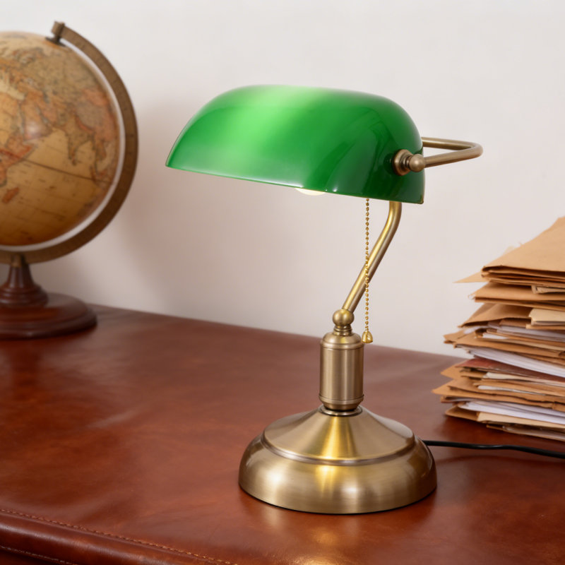 Bankers Desk Lamp, Green Glass Shade, Vintage Desk Lamp With Pull Chain Switch, 13" H x 8.7" W x 2.8" D