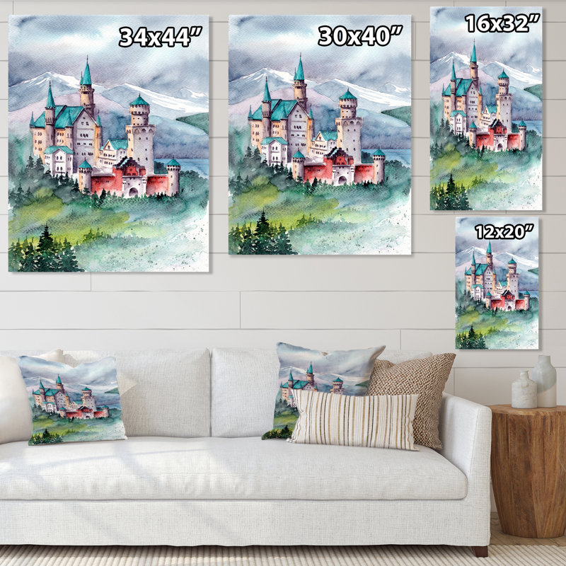 Château avec toit bleu dans les montagnes couvertes - peinture sur toile, H 32 po x l 24 po, Toile tendue
