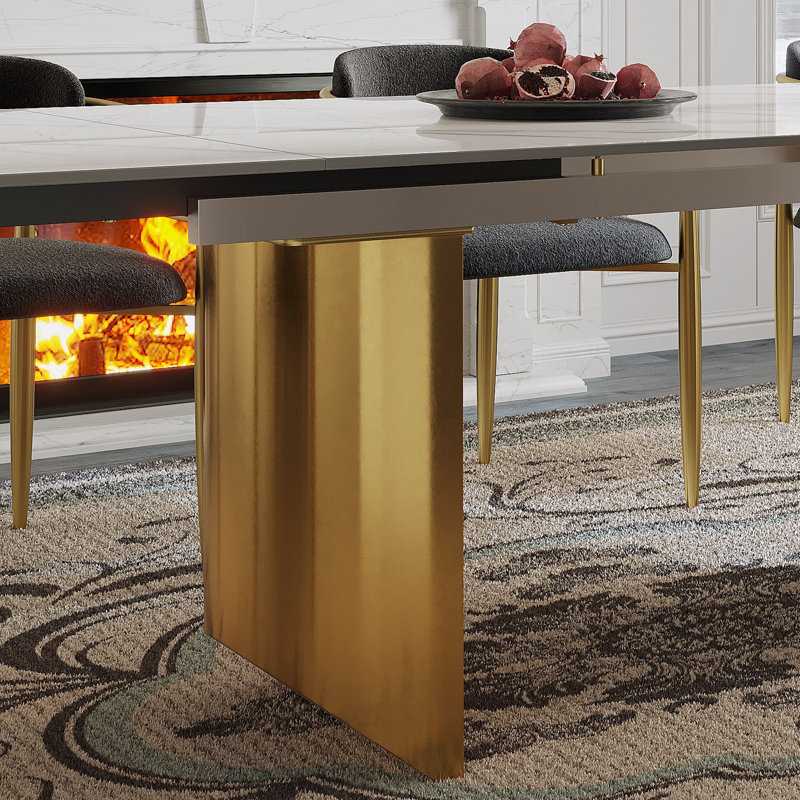 Subrati 63'' to 94.5” Rectangular  Extendable Dining Table with Sintered Stone Tabletop and Stainless Steel Base For 8-10