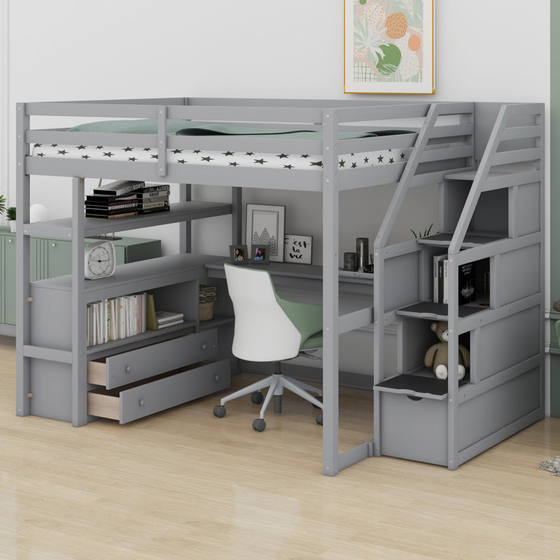 Loft Bed With Desk And Shelves, Two Built-In Drawers, Storage Staircase, Gray