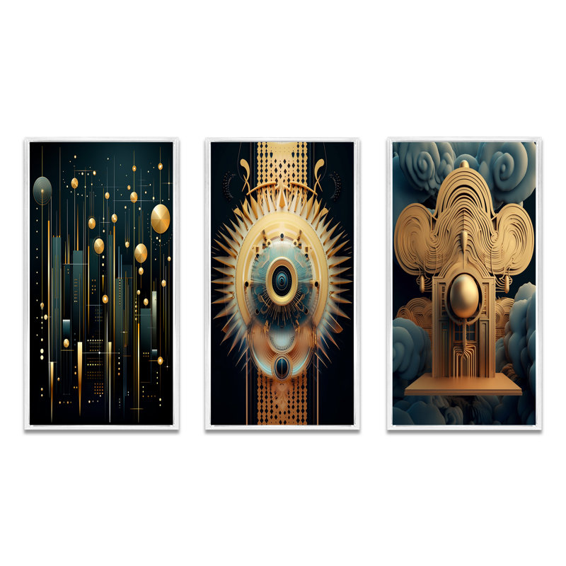 «Visionary Geometric Awakening Of Consciousness», 3 pièces sur toile, Cadre flottant blanc, H 28 po x l 36 po