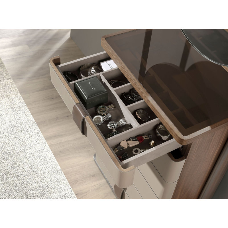 Chiffonier walnut, grey and brown smoked glass top with mirror