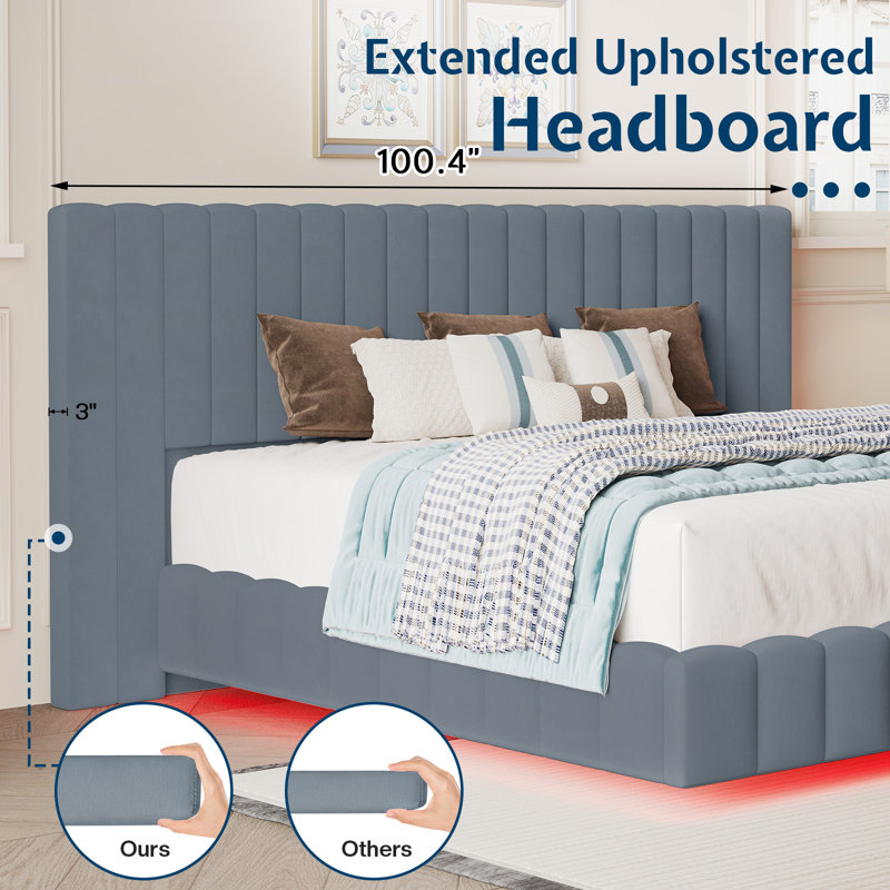 Floating Upholstered Bed Frame with Oversized Headboard and RGB LED Lighting, Gray, King