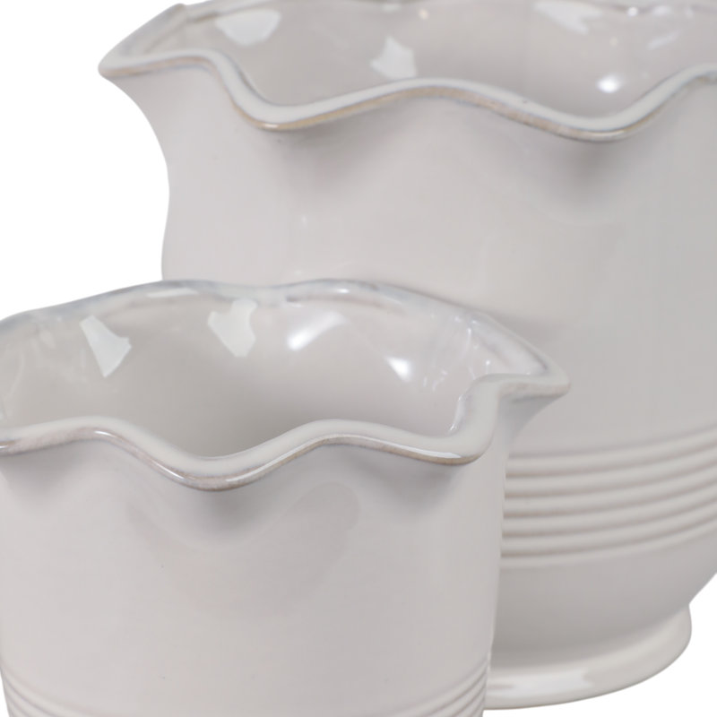 Planter Ceramic Scalloped Rim Ribbed Design Set Of 2, Ivory