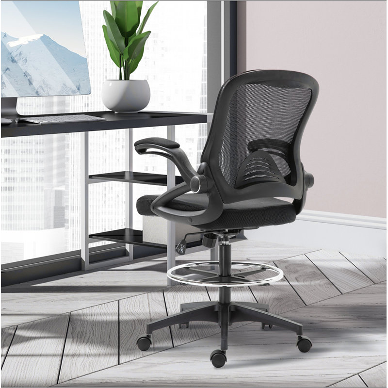 Chaise de dessinateur en filet, chaise de bureau haute avec support lombaire, accoudoirs rabattables, repose-pieds et hauteur de siège réglable